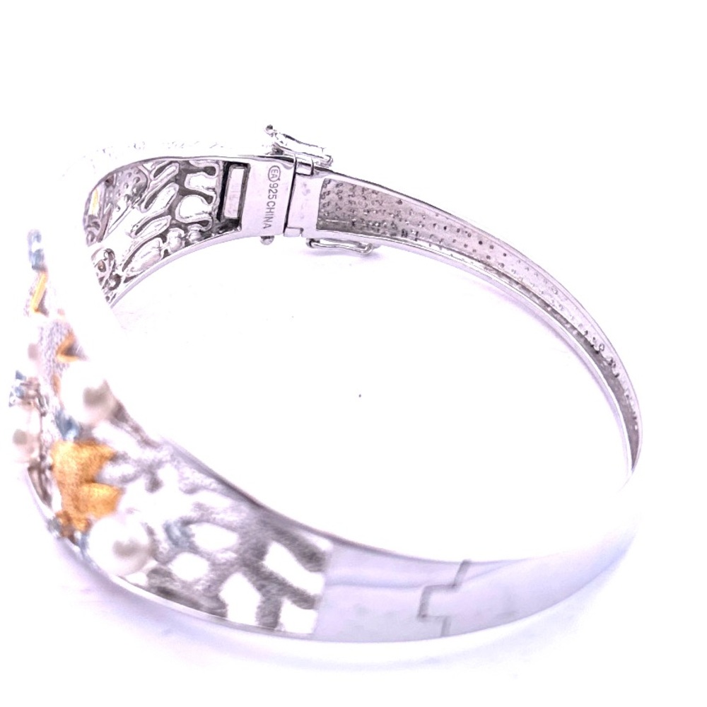 925 Sterling Silver Sea Life Pearl and aquamarines Hinged Bangle 30.7g - Picture 4 of 10